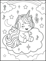 Printable Unicorn coloring page for kids. A cute unicorn wearing headphones and listening to music. Black and white unicorn cartoon characters for children's activity books.