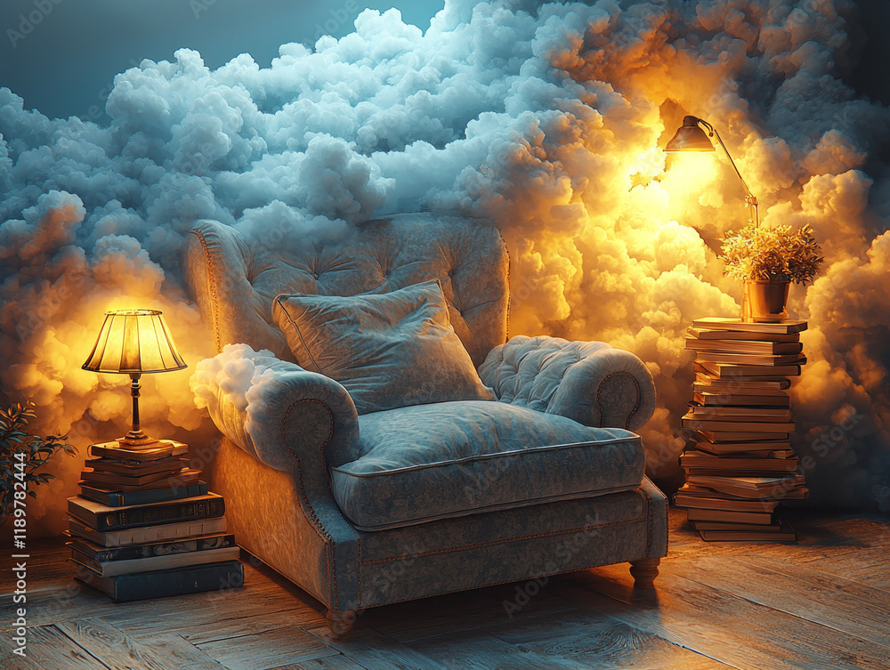 Poster inviting reading nook features soft glowing armchair made of clouds. nearby warm lamp illuminates st