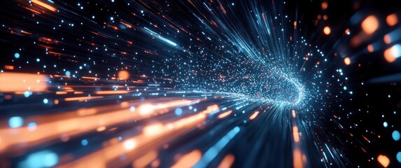 Futuristic Hyperloop Transit System with Neon Light Trails in Mega City at Night