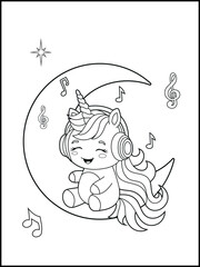 Printable Unicorn coloring page for kids. A cute unicorn wearing headphones and listening to music. Black and white unicorn cartoon characters for children's activity books.