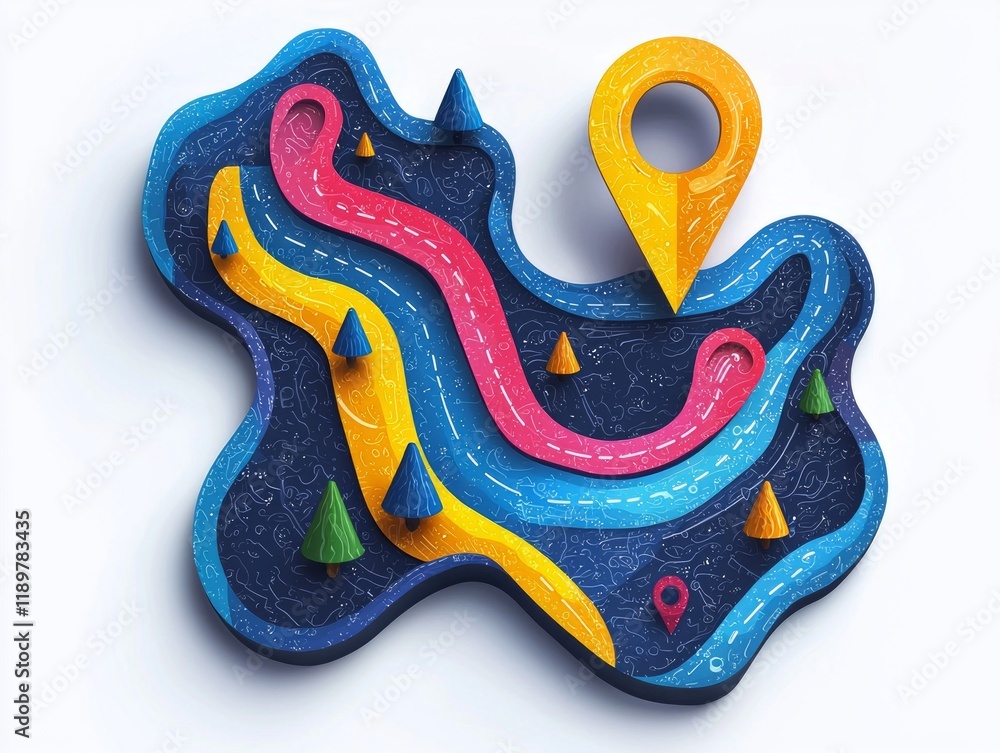 Poster artwork features abstract map design flowing colorful lines connecting two prominent geolocation mar