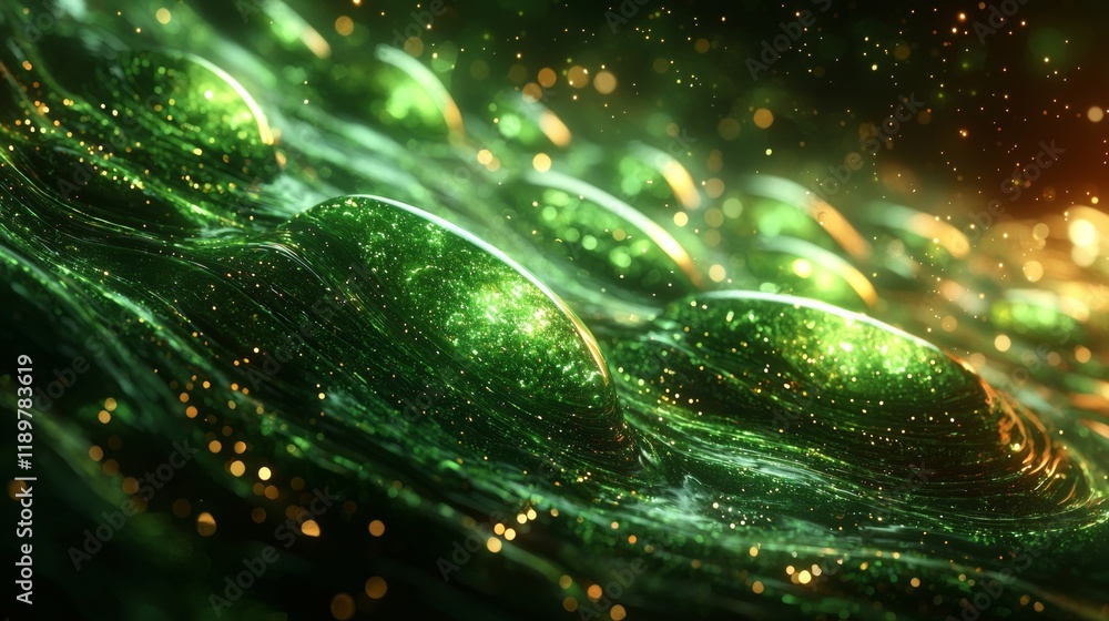 Poster bright green stones are scattered across shimmering liquid gold surface. light reflections add depth