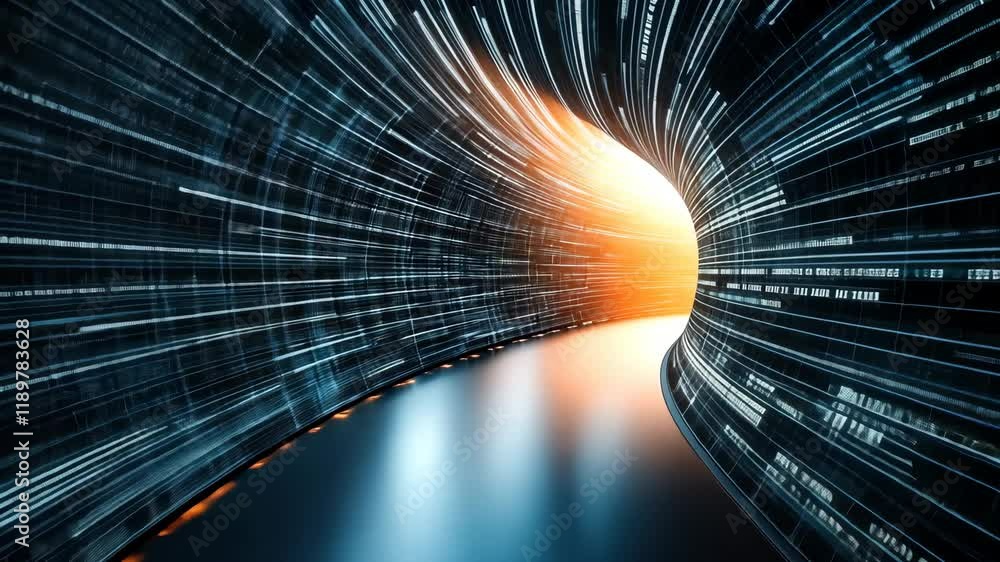 Poster abstract digital tunnel glowing light and data streams flowing through futuristic space