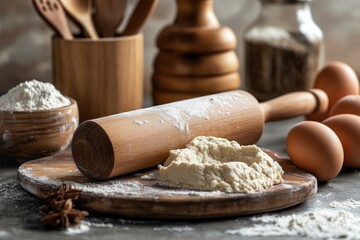 Fototapeta premium Wooden rolling pin and dough on a floured board