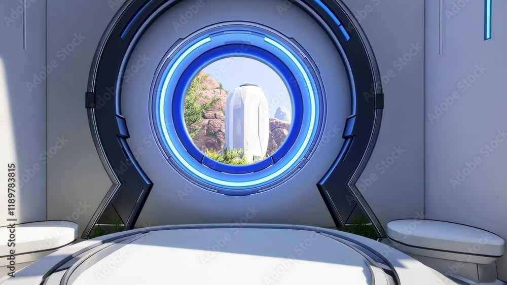 Poster futuristic interior view showcasing a circular window overlooking a serene landscape with advanced a