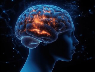 Surreal Digital Artwork of Human Brain with Neurons and Thalamus Illuminated in Blue Light