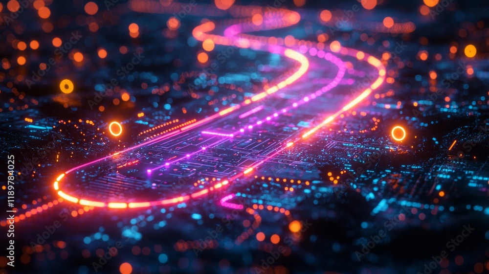 Poster dynamic digital map showcases neon glowing geolocation markers connected sleek holographic path. it 