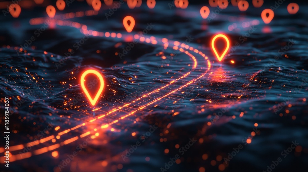 Poster digital map displays glowing geolocation markers connected holographic path set against vibrant grid