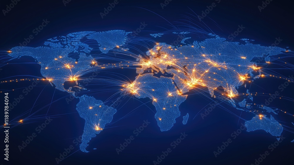 Poster a digital map with glowing connections symbolizing a global business network.