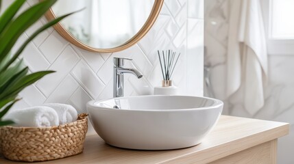 Fototapeta premium A light bathroom interior featuring a sink and mirror, complemented by accessories neatly arranged on the deck.