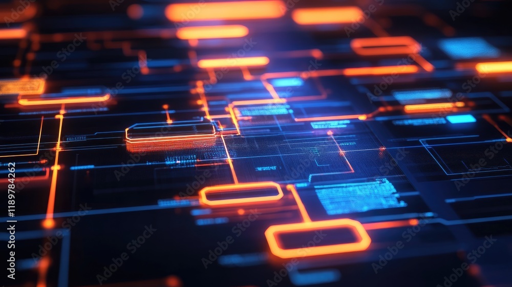 Poster a digital representation of blockchain technology with glowing interconnected blocks.