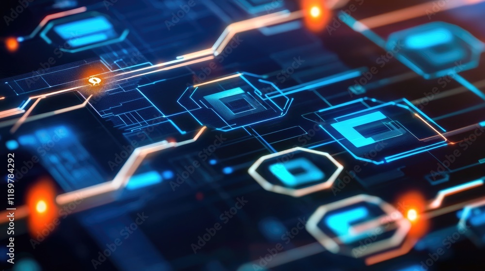 Poster a digital representation of blockchain technology with glowing interconnected blocks.