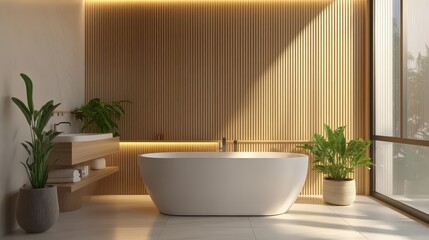 Fototapeta premium A light wooden bathroom interior featuring a stylish tub and sink, creating a warm and natural ambiance.