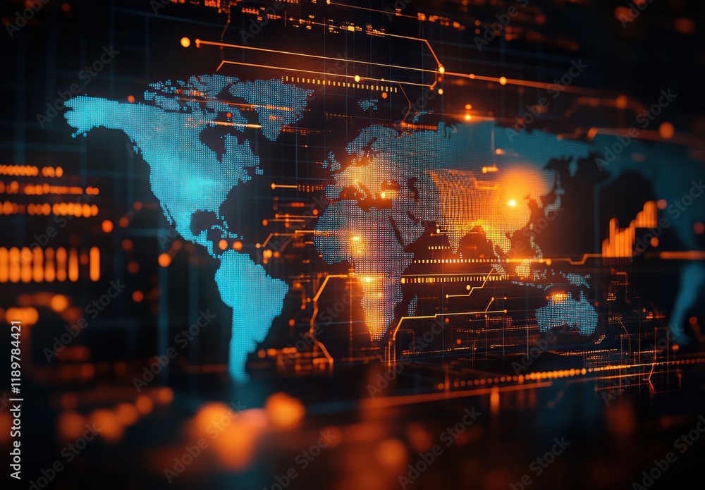 Poster futuristic financial data visualization with cyberpunk world map and neon effects