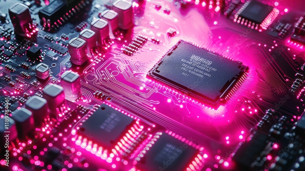 Poster glowing circuit board with microchip: a stunning close-up of technological innovation