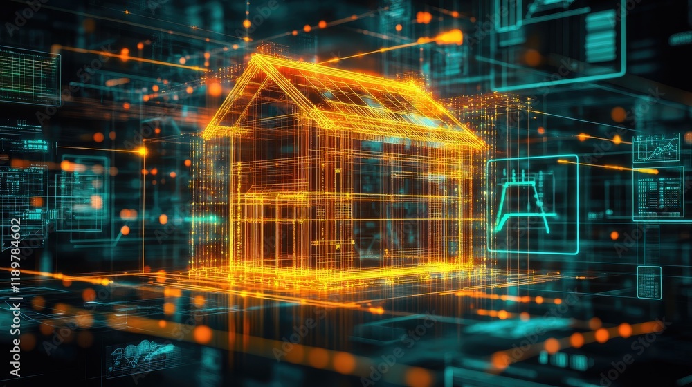 Poster a futuristic hologram of a business building surrounded by digital data layers.