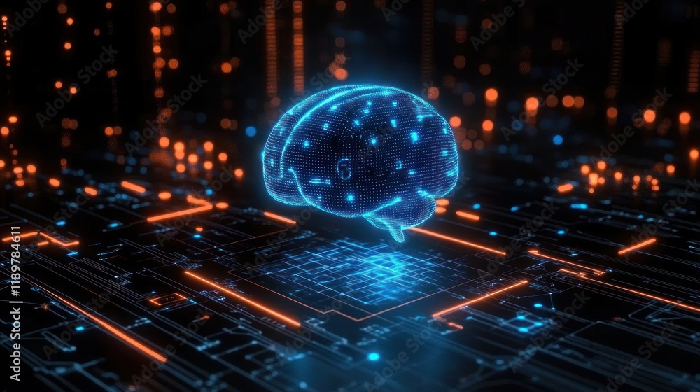 Poster futuristic digital brain hologram with blue neon light in cyberpunk style for ai and big data proces