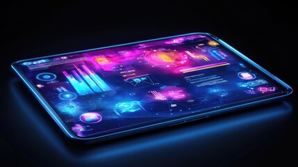 A futuristic virtual assistant interface on a sleek tablet screen.