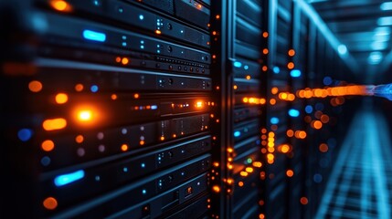 Naklejka premium Data center tech infrastructure illuminated with vibrant orange, blue lights. Close up view of server racks. Modern tech, innovation, future trends in digital communication. Advanced hardware.