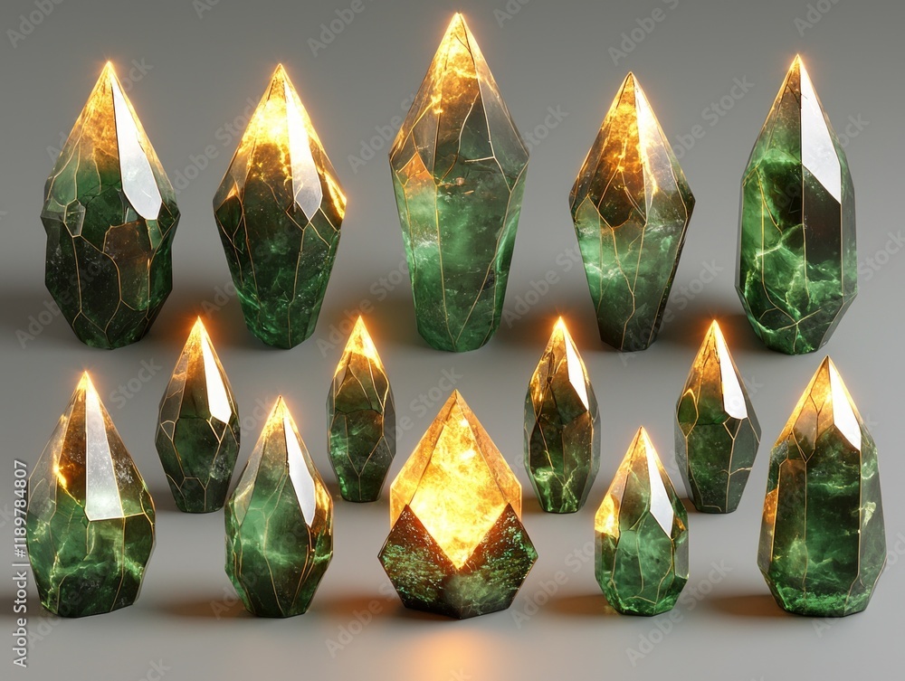 Poster collection of glowing green crystals features intricate symmetry casting soft light and creating del