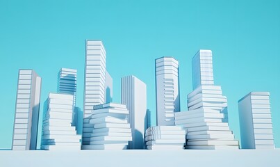 Minimalist white cityscape against a light blue sky.