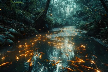 Fototapeta premium A serene forest scene featuring a glowing stream filled with fish, surrounded by lush greenery.