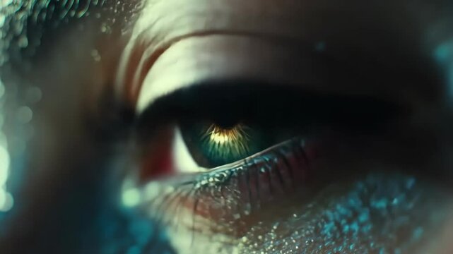 Close-up view of a human eye reflecting vibrant colors and patterns in an artistic portrayal of vision