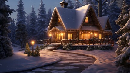 Snowy Christmas cabin in the woods at twilight
