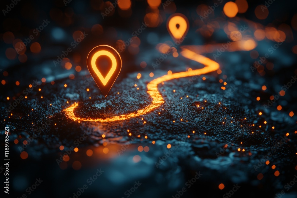 Poster artwork presents detailed 3d globe luminous geolocation markers indicating start and end points. glo