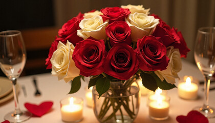 Obraz premium Red and white roses in vase with candles on romantic table, Valentine's Day concept