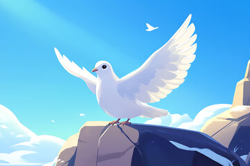 A white dove with outstretched wings perched on a rock against a bright blue sky.