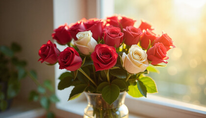Obraz premium Bouquet of red and white roses on window sill, Valentine's Day concept