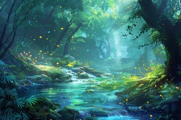Fototapeta premium A serene forest scene with a gentle stream and dappled sunlight filtering through lush greenery.