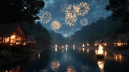 Fototapeta premium Fireworks Over Tranquil Village at Night