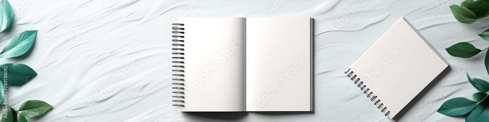 Poster realistic spiral notebook mockup on light textured background in scandinavian style with soft natura
