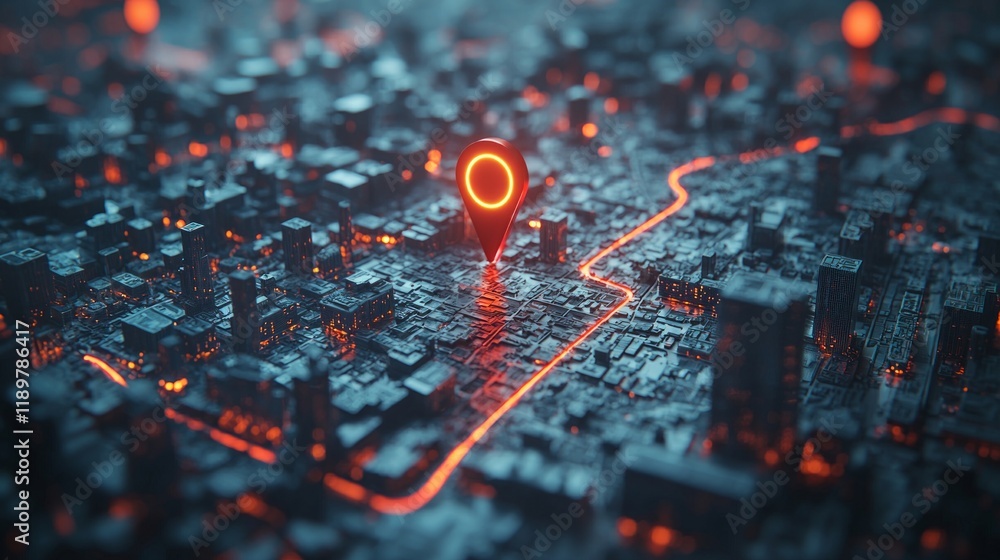 Poster illustration depicts vibrant city map intricate 3d structures and glowing geo markers. highlighted r