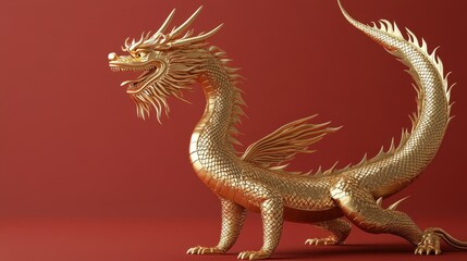 Fototapeta premium 3d Full body golden dragon in bend body pose, red background 
