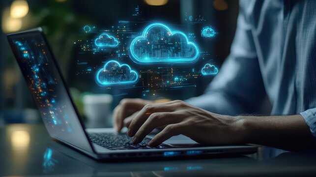 A man focused on typing on a laptop, with a hologram of cloud services and synchronization icons visually representing data transfer and device connectivity.