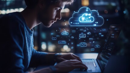 A man focused on typing on a laptop, with a hologram of cloud services and synchronization icons visually representing data transfer and device connectivity.