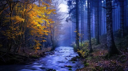 Obraz premium A serene forest stream surrounded by autumn foliage and misty trees, evoking tranquility and nature's beauty.