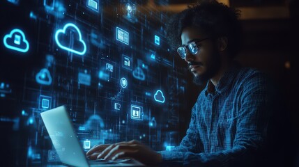 A man focused on typing on a laptop, with a hologram of cloud services and synchronization icons visually representing data transfer and device connectivity.
