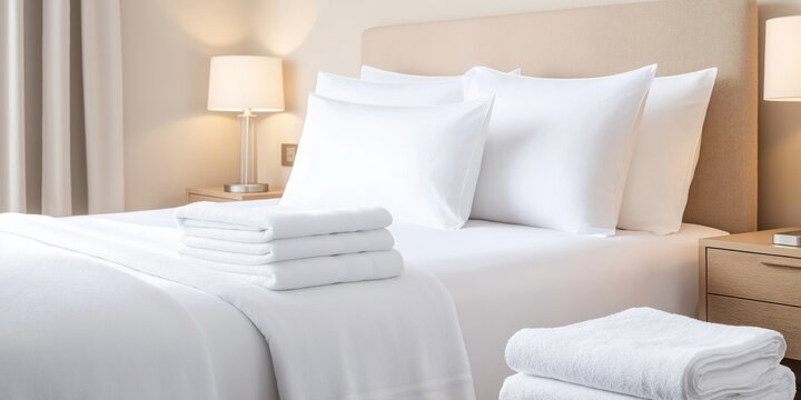 Luxury hotel bedding, towels neatly arranged on comfortable bed. White linens including duvet, pillowcases create serene, relaxing atmosphere. Cleanliness, comfort evident in upscale lodging amenity.