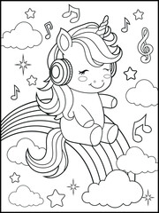 Printable Unicorn coloring page for kids.A cute unicorn wearing headphones and listening to music . Black and white unicorn cartoon characters for children's activity books.