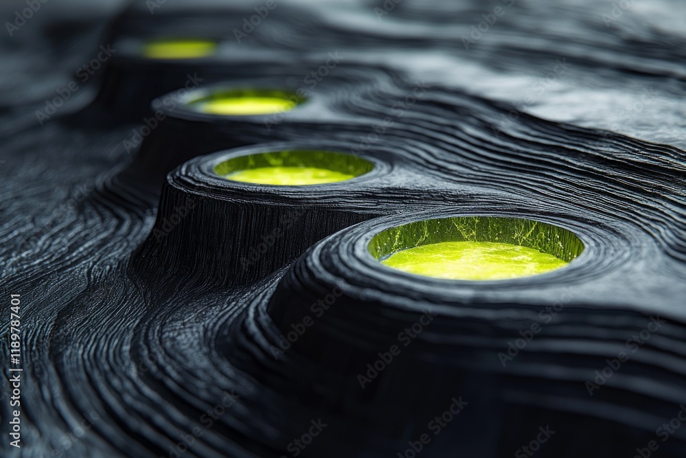Poster glowing green stones are embedded in polished black and white marble surface enhancing luxury subtle