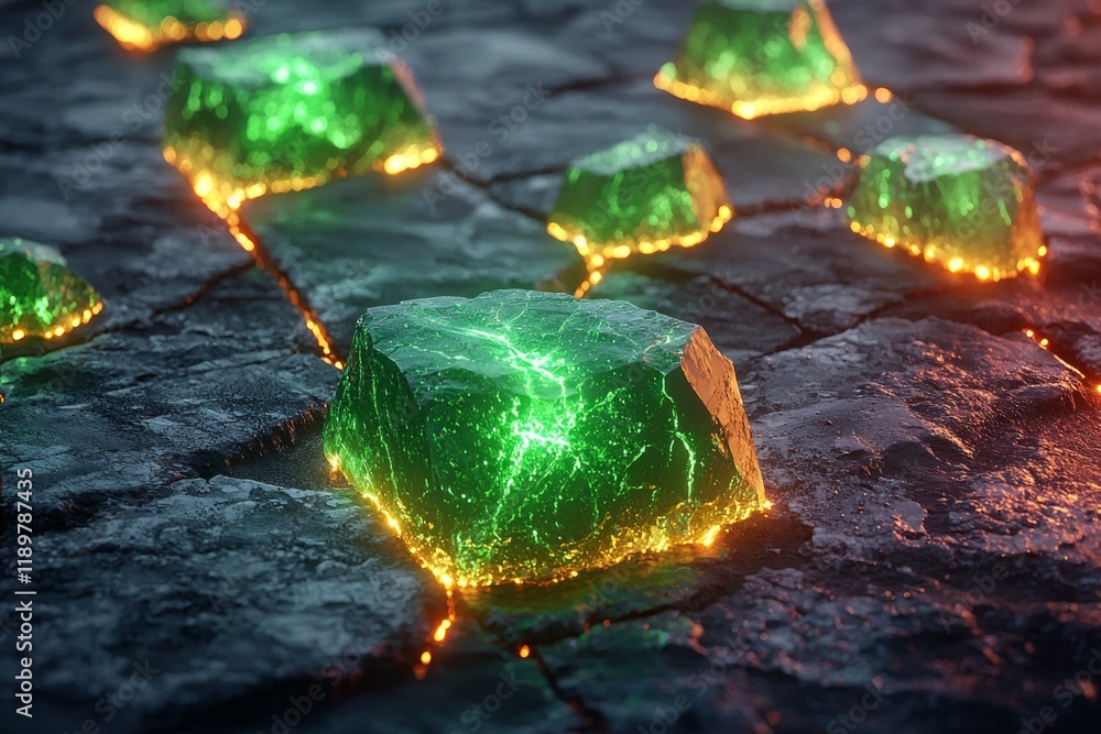 Poster Glowing green stones are embedded in polished black and white marble surface creating elegant and luxurious atmosphere light reflections and diffusion enhancing aesthetics.