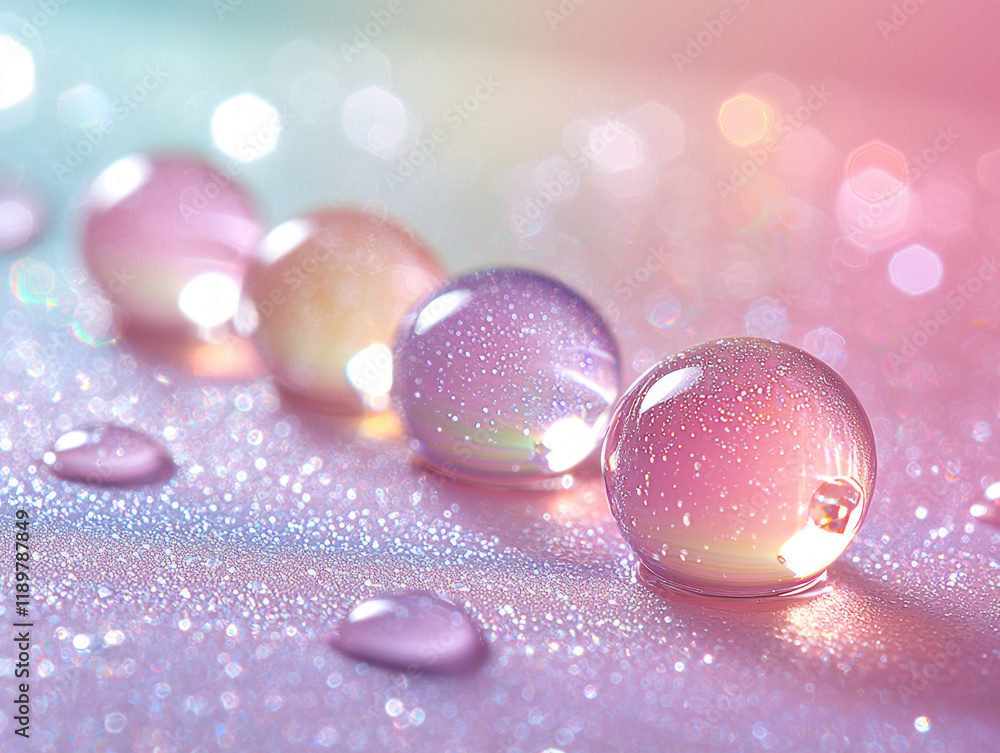 Poster several water droplets of various sizes sit on reflective surface each reflecting vibrant abstract c