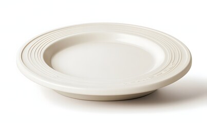 Off-white, shallow, round ceramic plate with concentric grooves.
