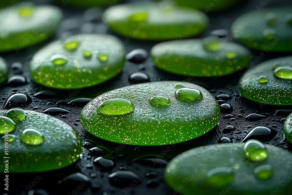 Poster smooth glowing green stones are artfully arranged on clean black background. soft gradients and subt