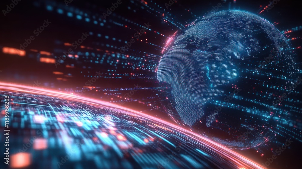Poster futuristic digital world map in cyberpunk art with neon lights and dynamic motion for technology and