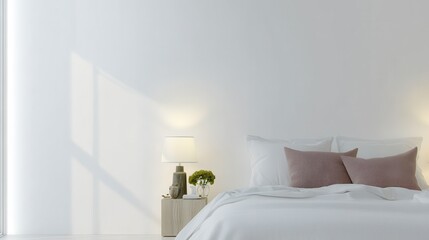 A modern bedroom featuring minimalist furniture, hardwood flooring, and a large window, set against a light background to highlight a contemporary living concept.